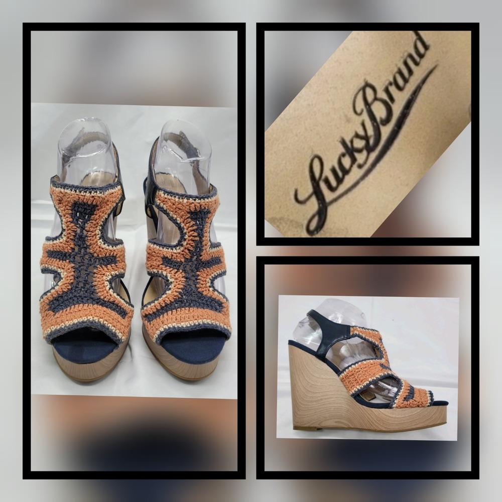 Lucky Brand Wedge Heels Crochet Knit Straps Navy Orange Tan Wood Look Size 9.5M